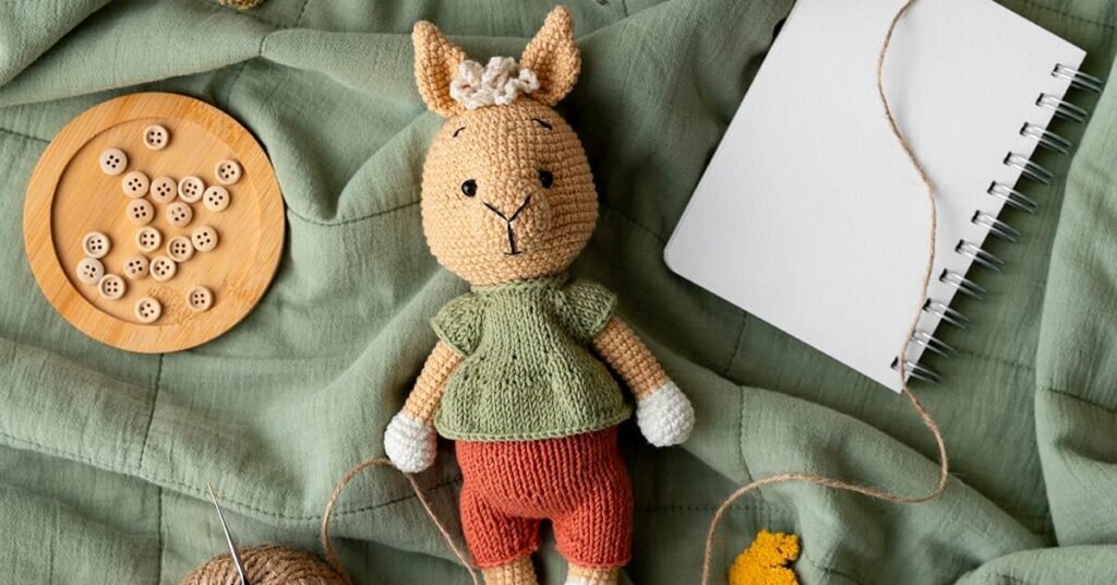Amigurumi sobre fondo de tela, con cuaderno, botones y elementos de costura, destacando la creatividad y personalización en la creación de amigurumis con lana.